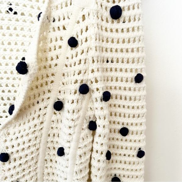 Anthropologie Moth Cream Pom Pom Cardigan Open Knit Zip Front Sweater Size XS - Picture 3 of 6